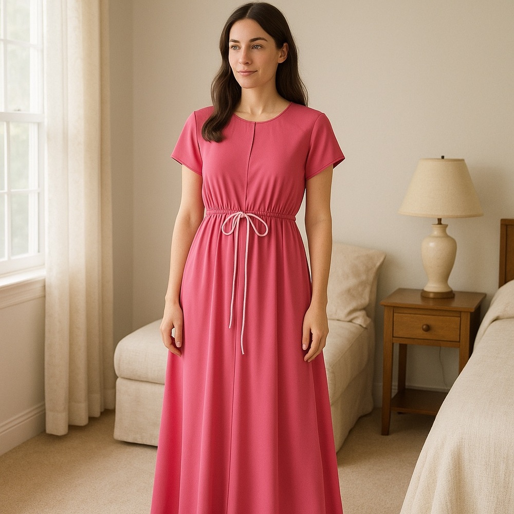 Vintage VANITY FAIR Nylon Pink Long Robe zip front‎ Short Sleeve Small Soft gown
